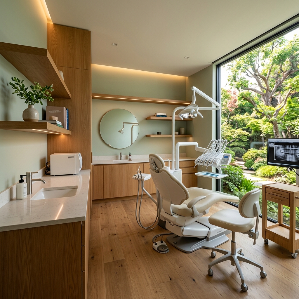 Modernes Behandlungszimmer mit Blick in den Garten